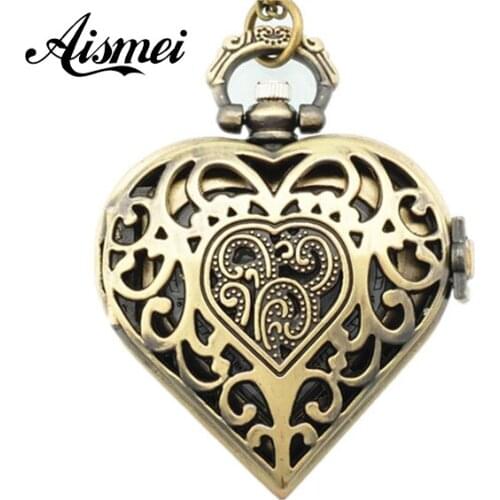 5piece/lot Vintage Fashion Unique Hollow Out Cover Heart Shape Pendant Pocket Watch Long Chain Necklace