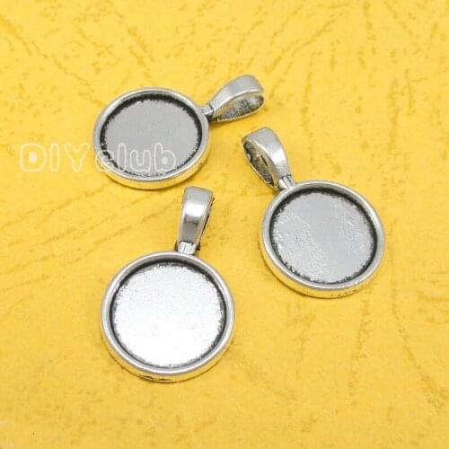 50pcs--Antique Silver Round Cameo Cabochon Base Setting Connector Charms, inner 14mm