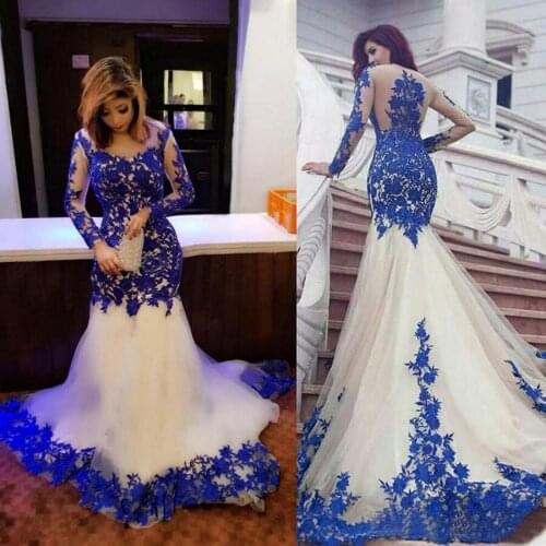 Arabic Women Evening Gowns Ivory Tulle With Royal Lace Mermaid Formal Evening Dresses Long Sleeve Prom Dress vestido fiesta