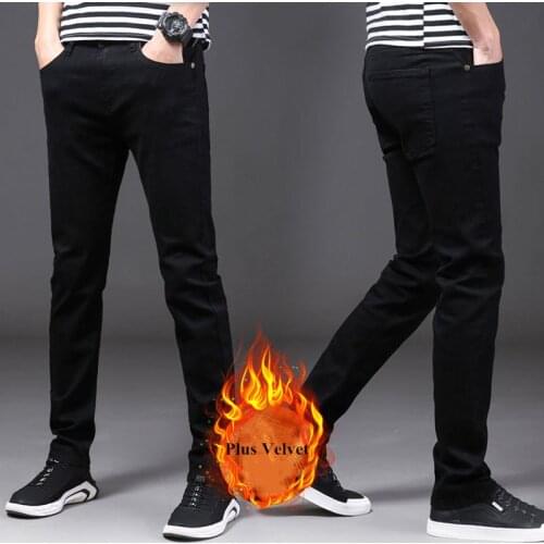 Autumn Winter Plus Velvet High Stretch Denim Pants Youth Men Slim Straight Warm Jeans Leisure Sport Trousers Outdoor Fleece Pant
