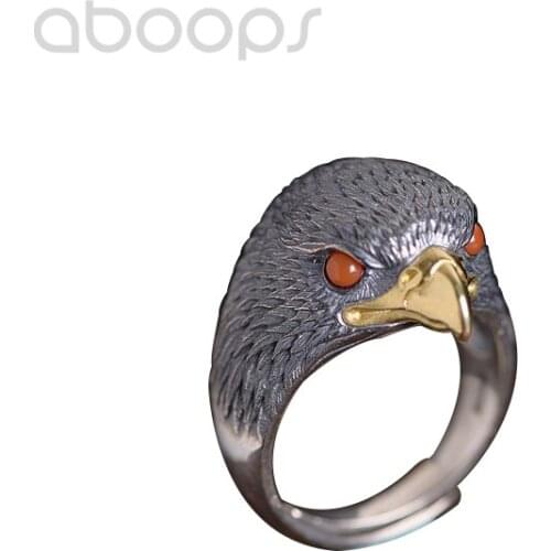 Bicolor 925 Sterling Silver Eagle Head Ring with Red Stone Eyes for Men Women,Adjustable Size 8-11,Free Shipping