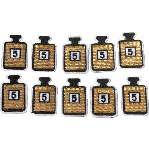 Gold 5 Perfume Bottle Sequined Patches for Clothes Jeans jeacket Iron on Embroidered Patch DIY Appliqued Badge Parches 10Pcs/set
