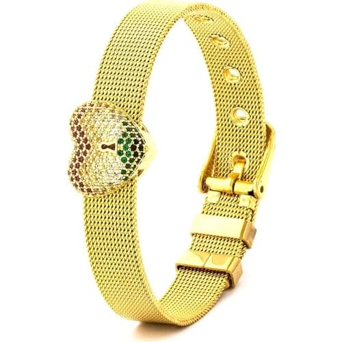 Hot Sale Stainless Steel Mesh Watch Belt Bracelets For Women Men Lovers Heart Shape Zircon Round Charm Bead Bracelet & Bangle