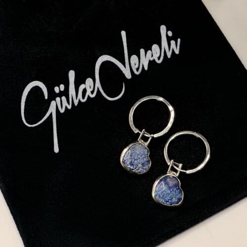GULCE DERELI, BLUE HEART EARRINGS, HOOP EARRINGS, CHARM EARRINGS, GIFT BOX, GOLD/SILVER PLATED