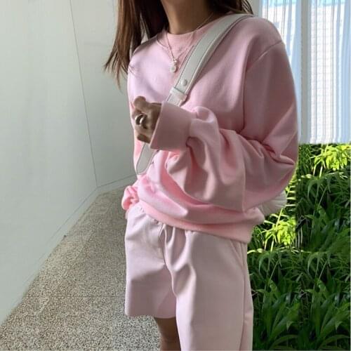 Harajuku Korean Kawaii Tops Pink Sweet Hoodies Sweatshirts Women O-Neck Long Sleeve Loose Casual Pullovers 2021 Autumn Winter