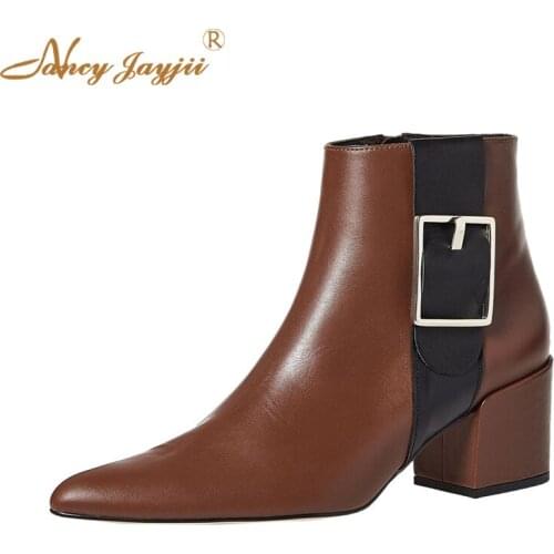 Women Adult Boots Solid Ankle zipper Pointed Toe Buckle Spring/Autumn High Square heels Sexy Mature Concise Nancyjayjii 2019