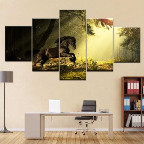 Wall Art Home Decor Bedroom Modern Artwork Animal Painting 5 Pieces Modular Pictures Canvas Printed A Horse in the Forest Poster