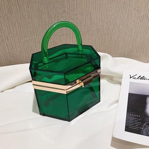 New Arrival Transparent Handbags Box Shape Hexagon Acrylic Women Makeup Bag Top Handle Small Totes Party Clutch