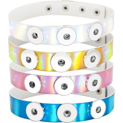 New Multiple Laser reflective Leather Collar Choker Funky Torques snap Necklace 40cm fit 18MM snap buttons snap jewelry DJ0207