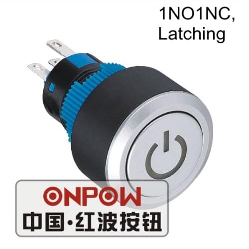 ONPOW 22mm Round illuminated Power symbol Latching ON/OFF Plastic push button switch (LAS1-AWY-11ZT/B/12V) CE, UL, ROHS