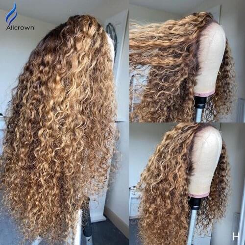 ALICROWN 180% Density Curly Lace Front Human Hair Wigs Pre-Plucked Non-Remy Lace Front Wigs For Women Bleached Knots