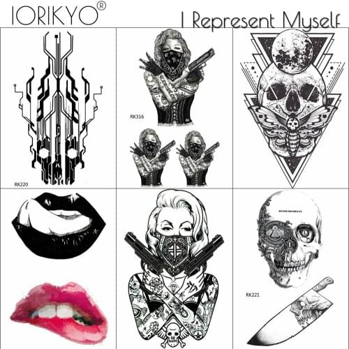Water Transfer Bad Girls Gun Spy Sexy Temporary Tattoos Stickers For Women Men Skull Arm Tattoo Fake Black Makeup Tips Tatoos