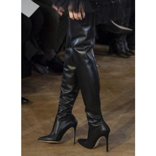 Sexy Black Leather Women Long Boots Pointed Toe Zipper Over The Knee Boots Fashion Winter Tight High Boot Shoes Big Size