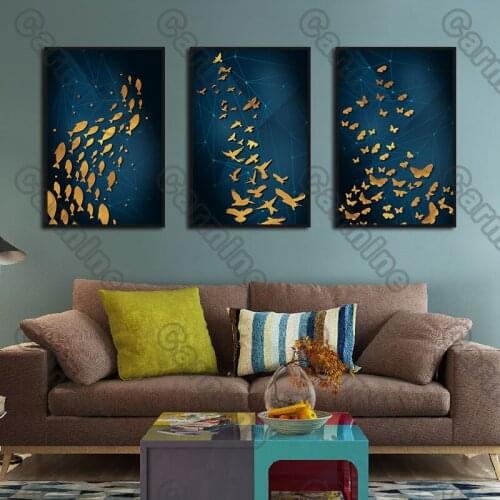 Poster Golden Fishes Constellation Landscape Canvas Painting and Prints Wall Art Pictures Decoration for Living Room 3Pcs