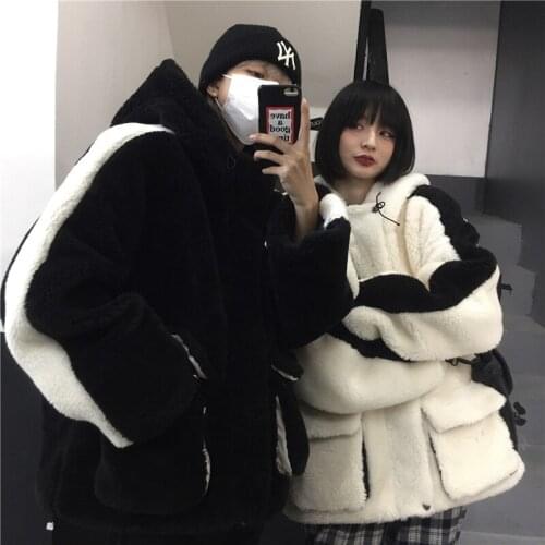 Retro loose lamb coat men and women personality rope Ins coat thick couples clothes couples clothing