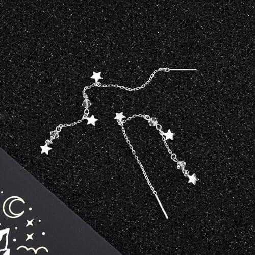 S925 925 Sterling Silver Crystals Stars Earrings Female Long Star Tassel Jewelry