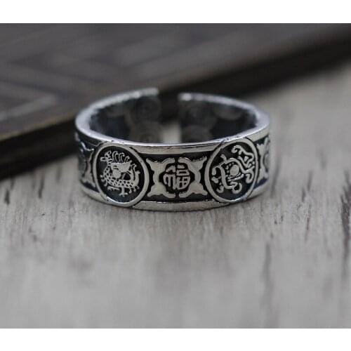 S990 Sterling Silver Retro Four Beasts Open Ring Ring Dragon White Tiger Suzaku Xuanwu Thai Silver Ring