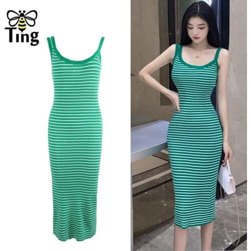 Tingfly Sexy Striped Kniting Bodycon Knee Length Dress Strap Summer Fashion Sheath Curve Hot Knitwear Club Dress Chic Zevity