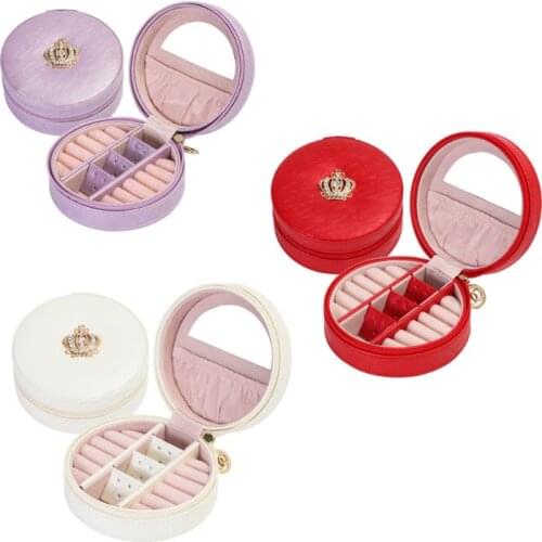 1PC Round Jewelry Storage Box with Zipper Mirror Portable Crown Decor Faux Leather Ring Earrings Necklace Bracelet Carrying Case