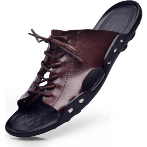 New 2022 Summer Mens Genuine Leather Slippers Shoes Beach Best Sandals Fashion Men Flip Flops Sandals Soft Bottom Casual Shoes