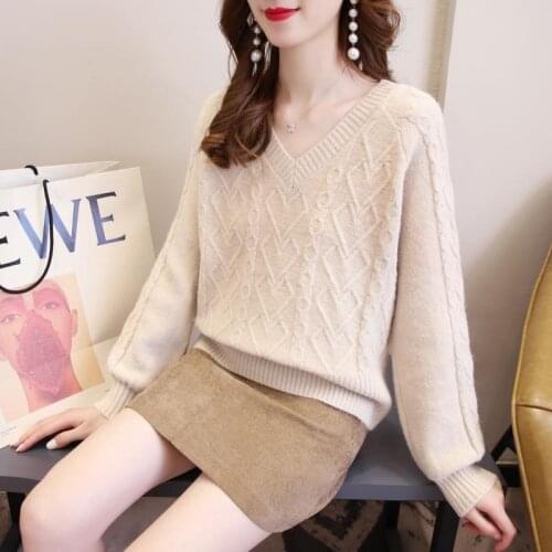 Loose Western-style sweater Korean womens 2021 fall/winter pullover sweater new v-neck long-sleeved solid color top women