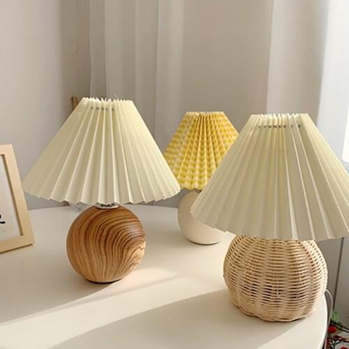 Korean DIY Rattan Table Lamps LED Dimming Pleated lampshade Bedside Lamp For Bedroom Living Home Deco illumination E27 EU Plug