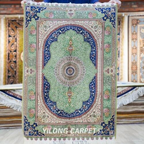 Yilong 2'x3' Persian Silk Carpet Green Handmade 100% Silk Rug For Sale (ZQG580A)