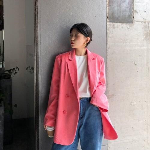 Green Corduroy Chic Loose Blazer Women Spring Pink Female Vintage Suit Jacket Full Sleeve Outwear Blaser Femme 2021 Fashion Tide