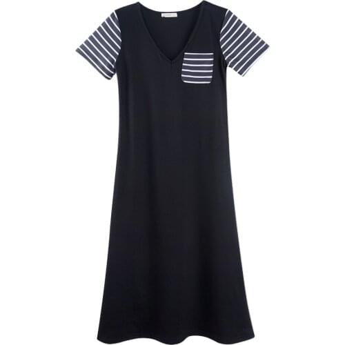Neatie kiddie Women Short Sleeve Stripe Patchwork Nightgown Sleepwear Dresses Ladies Straight Loose Casual Home Clothes