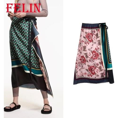 Za 2021 Fashion Autumn Chic Floral Pleated Midi Skirts Women High Waist Loose Sashes Vintage Skirts Elegant Mujer Faldas