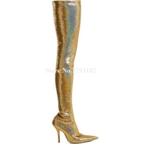 Ladies Bling Bling Pointed Toe Silver Gold Sequined Over Knee Bandage Thin Heel Boots Slim Style Over Knee High Heel Boots