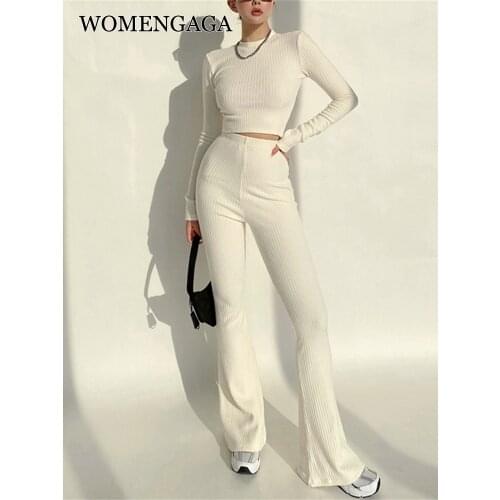 2021 Women High Neck Ribbed Crop Top And Stretch Waist Ribbed Flare Rrousers Co-ord Korean Sweater Tops + Pants Women Set QW54