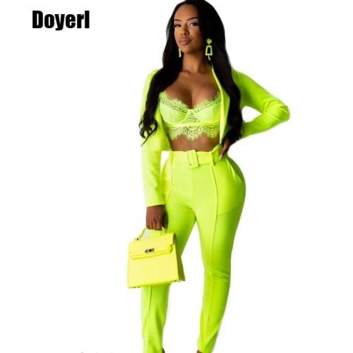 2020 Casual Women Suits Office Sets Autumn Winter Club 2 Piece Outfits Neon Green Ladies Trouser Suit Women Blazer Pant Suit Set
