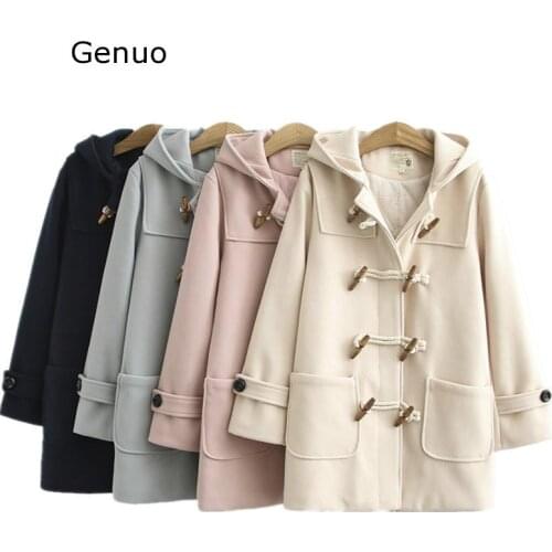 Genuo New Double Row Horn Buckle Wool Coat Women Long Coat Spring Autumn Clothing Plus Size Hooded Woolen Coats Manteau Femme