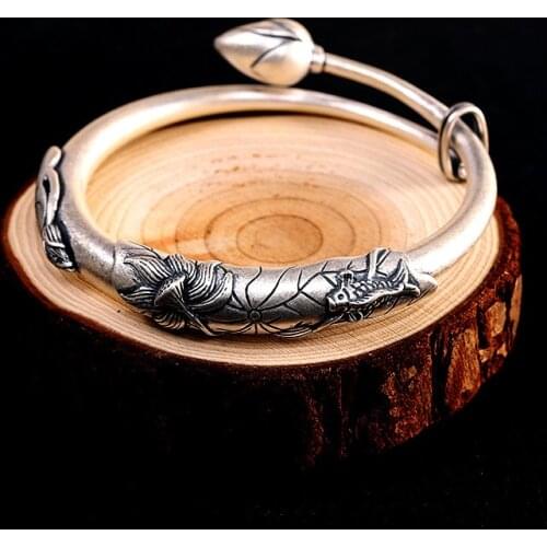 Ethnic Style Handmade 999 Sterling Silver Jewelry Carp Play Lotus Bracelet for Ladies