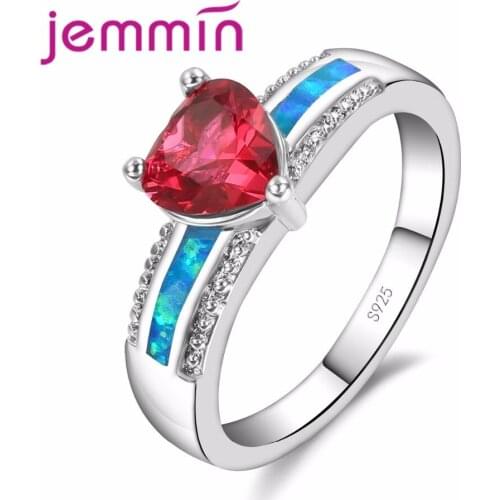 Fine Ring With Blood Red Crystal Blue Opal Ring For Women Finger Ring Sterling Sliver Ring Inlay Micro White Crystal