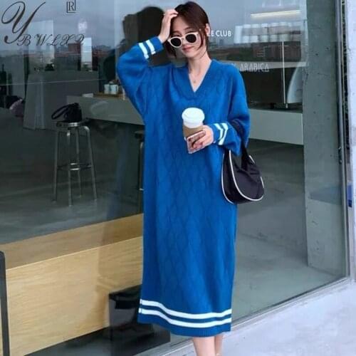 Plus Size Women Knitted Dress Korean Fashion Loose Warm Strip Fall Winter Knitwear Clothes Female Casual Long Sweater Dresses