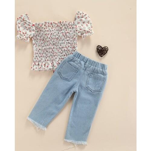 2 Pcs Baby Girl Casual Outfits Floral Square Collar Puff Sleeve Drawstring Shirt + Solid Color Frayed Raw Hem Jeans with Pocket
