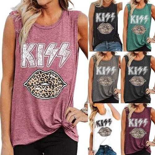 2021 Womens summer kiss leopard lip letter print round neck sleeveless T-shirt