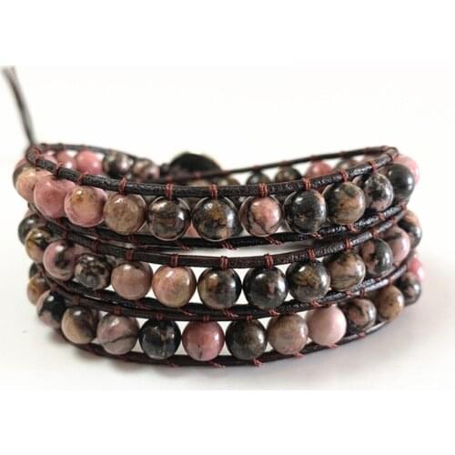 3Layers Rhodochrosite Amazonite Wrap Bracelet Unisex Adjustable Natural Stone Beads Bracelets for Girls Vintage Bridesmaid Gift