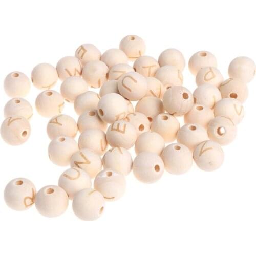 50 Pcs Natural Wooden Beads Round DIY Necklace Bracelet Letter Baby Teether Toys
