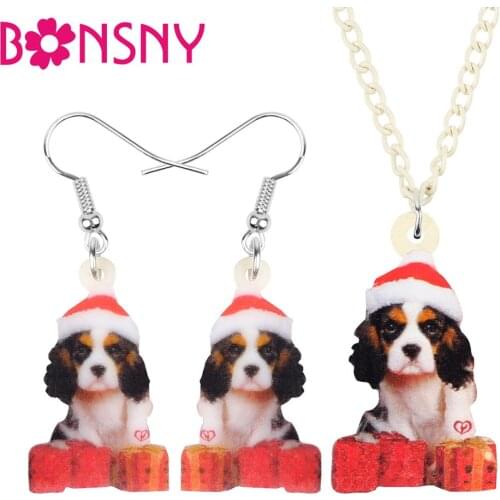 Bonsny Acrylic Christmas Hat Dog Gift Box Jewelry Sets Necklace Earrings Decorations Jewelry For Women Girl Teen Kids Charm Gift
