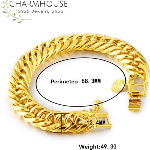Pure Gold Color Chain Bracelets for Men Women 12mm Bangle Bracelet Pulseira Wristband Wedding Bridal Jewelry Accessories Bijoux