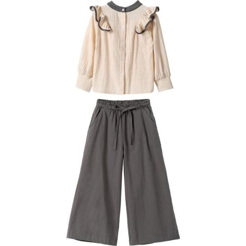 Childrens Clothes 2-piece Kids Clothes Girl Shirt + Trousers Suit Teen Loose Autumn Clothes Baby Leisure Single Breasted Blue