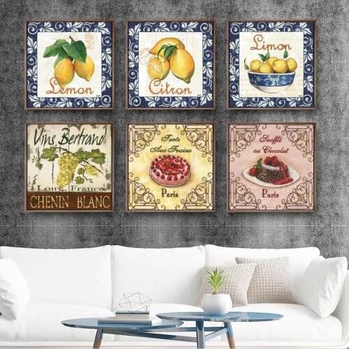 Home Decoration Painting Print Canvas Wall Art Pictures Square Poster Canvas Unframed Drawings Retro painting of fruit lemon