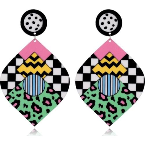 European Contrast Colorful Acrylic Drop Earrings Geometric Puzzle Acrylic fashion Hip-hop Earring stage act For women E18130