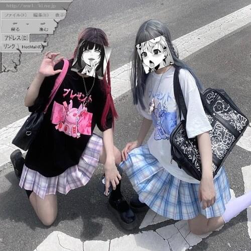 Футболка Harajuku Bunny Print Black Crop Women T-shirts Goth Streetwear Short Sleeve Top Tee Female Kawaii Y2k Mujer Gothic Kpop