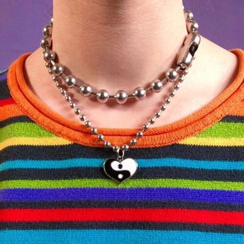 Harajuku Heart Tai Chi Stainless Steel Pendant Necklace Women Men Geometric Punk Cool Vintage Choker Necklace Jewelry Novelty
