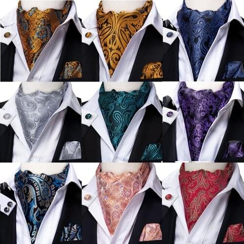 Hi-Tie Fashion Mens Cravat Set Luxury Floral Paisley Cravat Tie Men 100% Silk Red Blue Pink Ascot Pocket Square Cravat for Men