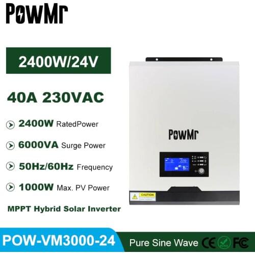 PowMr 40A MPPT Off Grid Inverter 3KVA 2400W Pure Sine Wave Inverter 24V Battery Charger 50HZ/60HZ Hybrid Solar Inverter